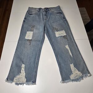 Vocal Light Wash Distressed Cropped Wide-Leg Jeans